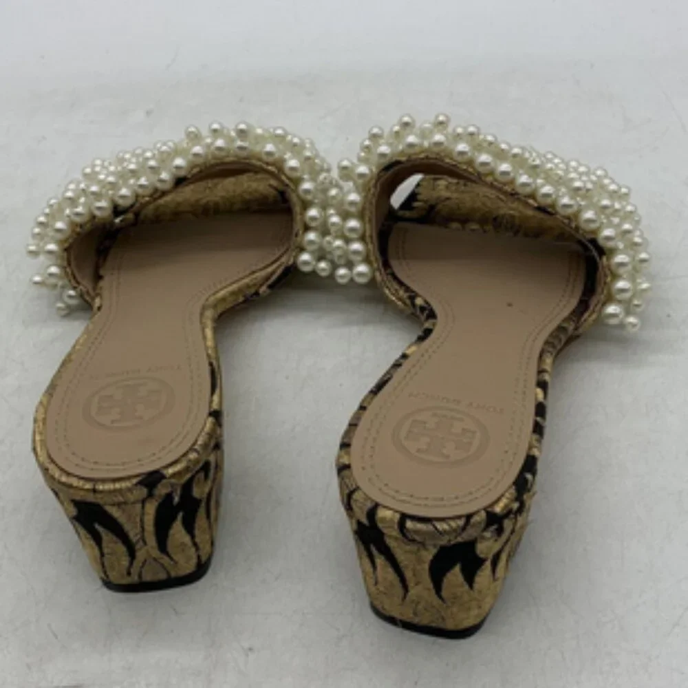TORY BURCH Tatiana White Pearl Black Gold Brocade Slides Sandal 6M